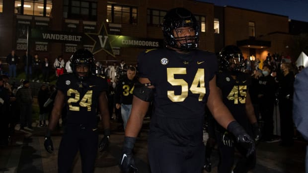 Vanderbilt offensive lineman Tyler Steen (54) and teammates take the "Star Walk" before the game against Kentucky at Vanderbilt Stadium Saturday, Nov. 13, 2021 in Nashville, Tenn.